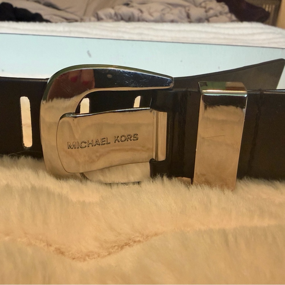 Michael Kors Black and Silver Logo Buckle Belt